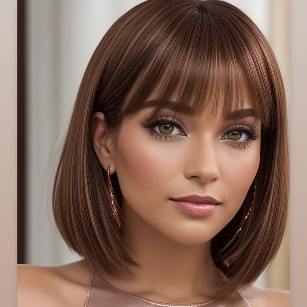 Rose Net Cap Synthetic Wig with Bangs 12 Inch Multi Color Breathable Soft Cap for Women | Light Yellow Gradient Brown Red Highlights Light Brown | Daily Wear Cosplay - product image