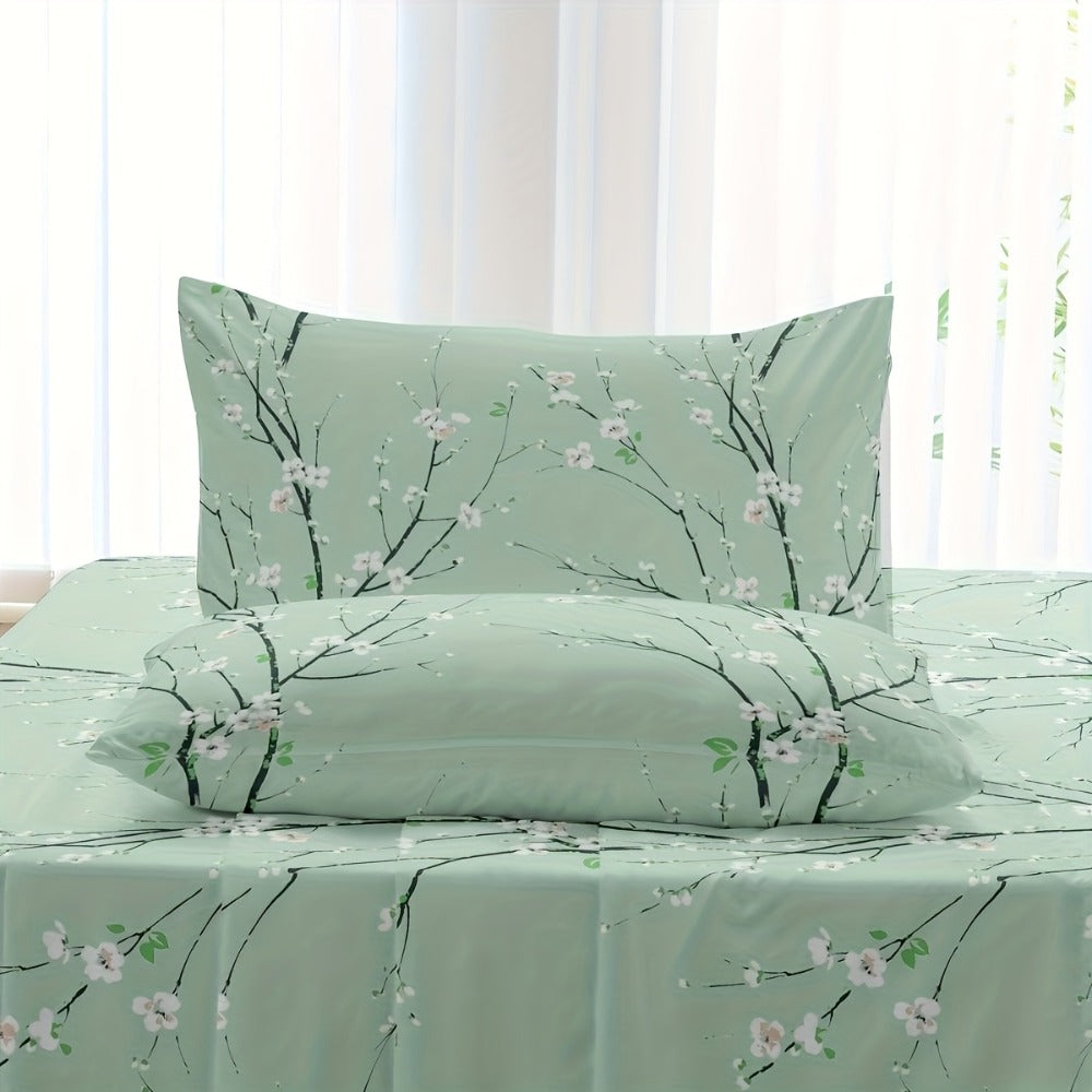 Fitted Sheet Set 4-Piece Plum Blossom Floral Print | Deep Pocket 15" Bed Sheets Twin Full Queen King | Soft Polyester Bedding Set with 2 Pillowcases, All-Season Machine Washable - product image 7