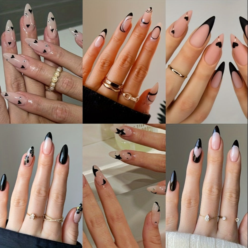 Short Almond Press On Nails 144 Pieces with Glue Pink Flower Rhinestone Black French Tip Full Cover Fake Nails Cute Nail Art Kit for Women Girls Daily Wear Party Wedding Date Night - product image 2