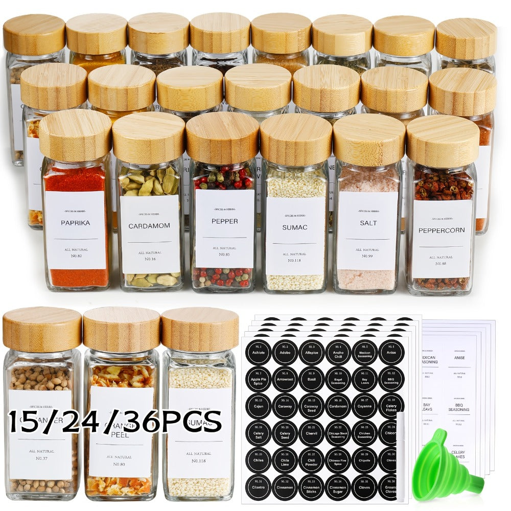 Glass Spice Jars with Labels and Lids 4oz, Empty Spice Bottles with Foldable Funnel for Kitchen Organization, Airtight Condiment Storage Containers for Herbs and Seasonings, Set of - product image