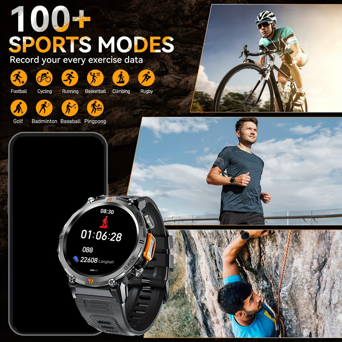 Wireless Calling, HD 1.45" Screen, LED Light, Fitness Tracker, iPhone & Android | EIGIIS KE3 Rugged Smartwatch for Men - product image 13