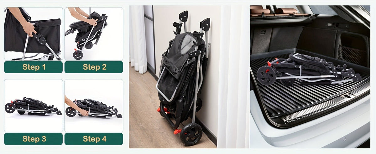 Foldable Jogger Stroller with Weather Cover, Storage Basket & Cup Holder, Breathable Mesh Window, All-Season Outdoor Walk Pram, Black | 3-Wheel Pet Stroller - product image 7