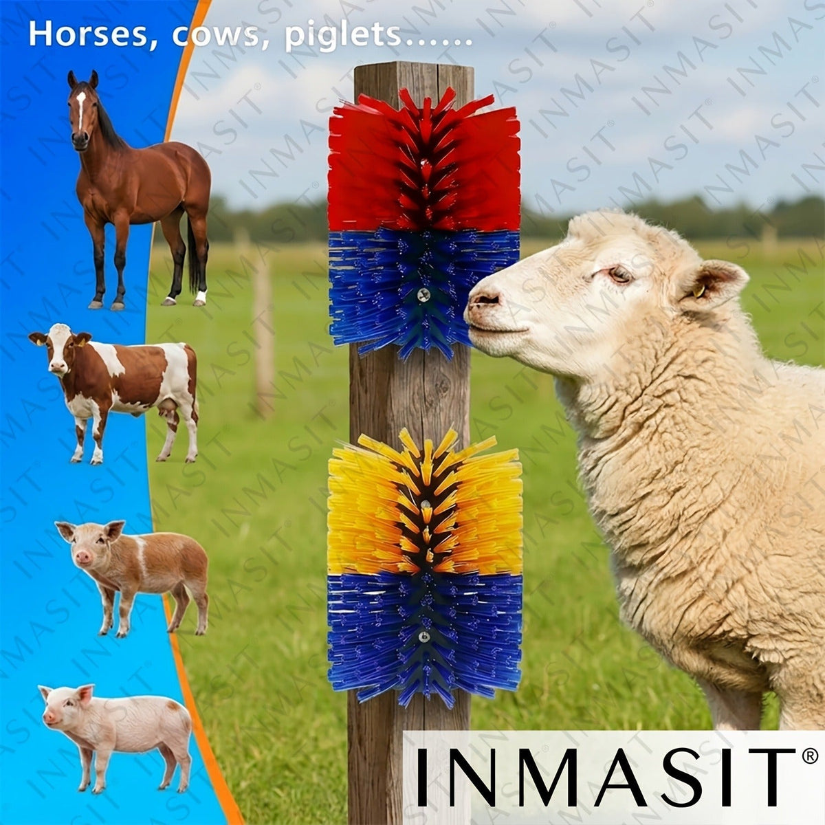 Livestock Grooming Brush Scratcher 8.7" – Easy Install with 4 Screws, Battery-Free Stress Reduction, Red/Blue & Yellow/Blue – All-in-One Massage & Itch Relief - product image 3