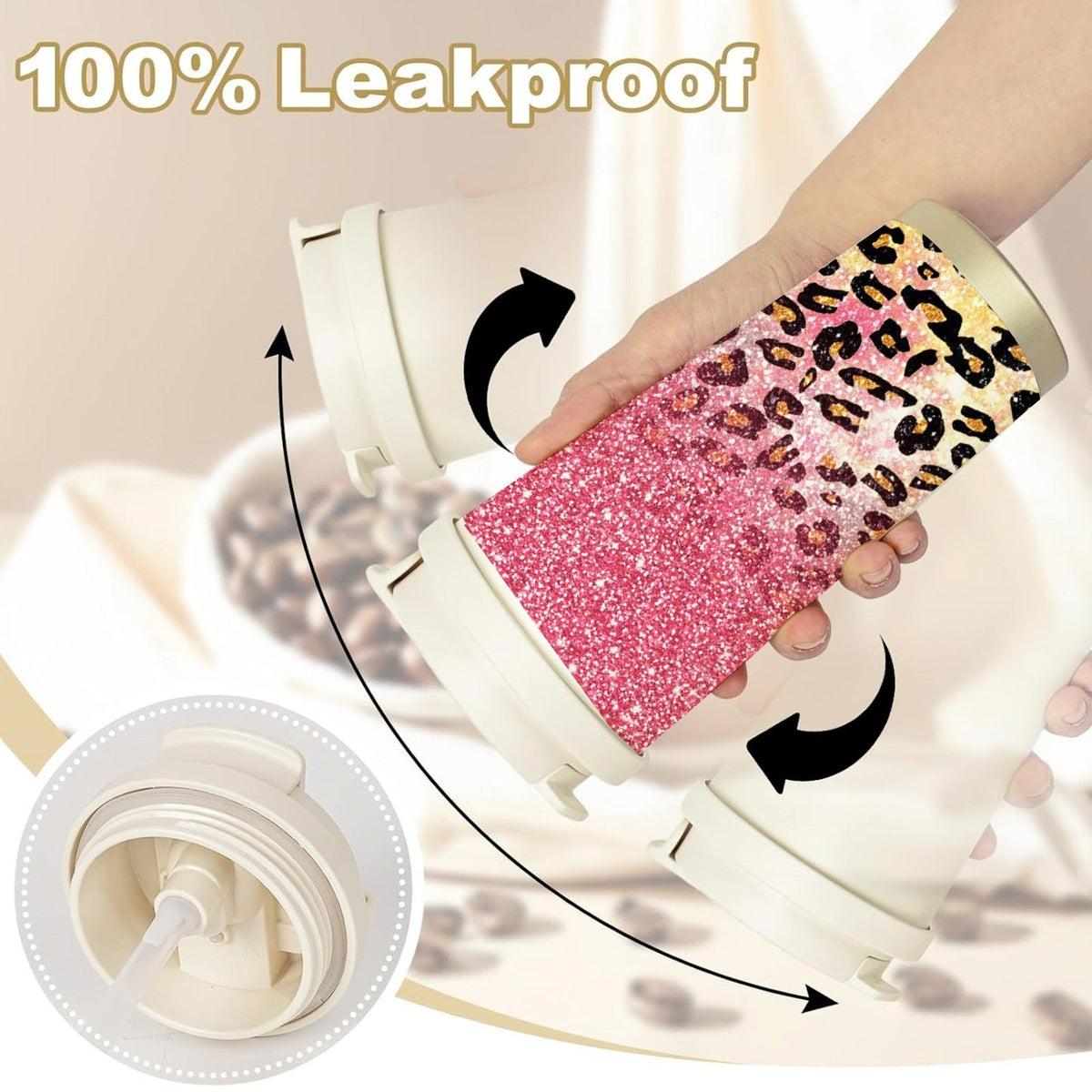 Pink Glitter & Golden Leopard Print, Leak-Proof Collapsible Straw Lid, Keep Hot 12H Cold 24H, Trendy Travel Coffee Cup Gift for Women | Insulated Stainless Steel Tumbler 18oz