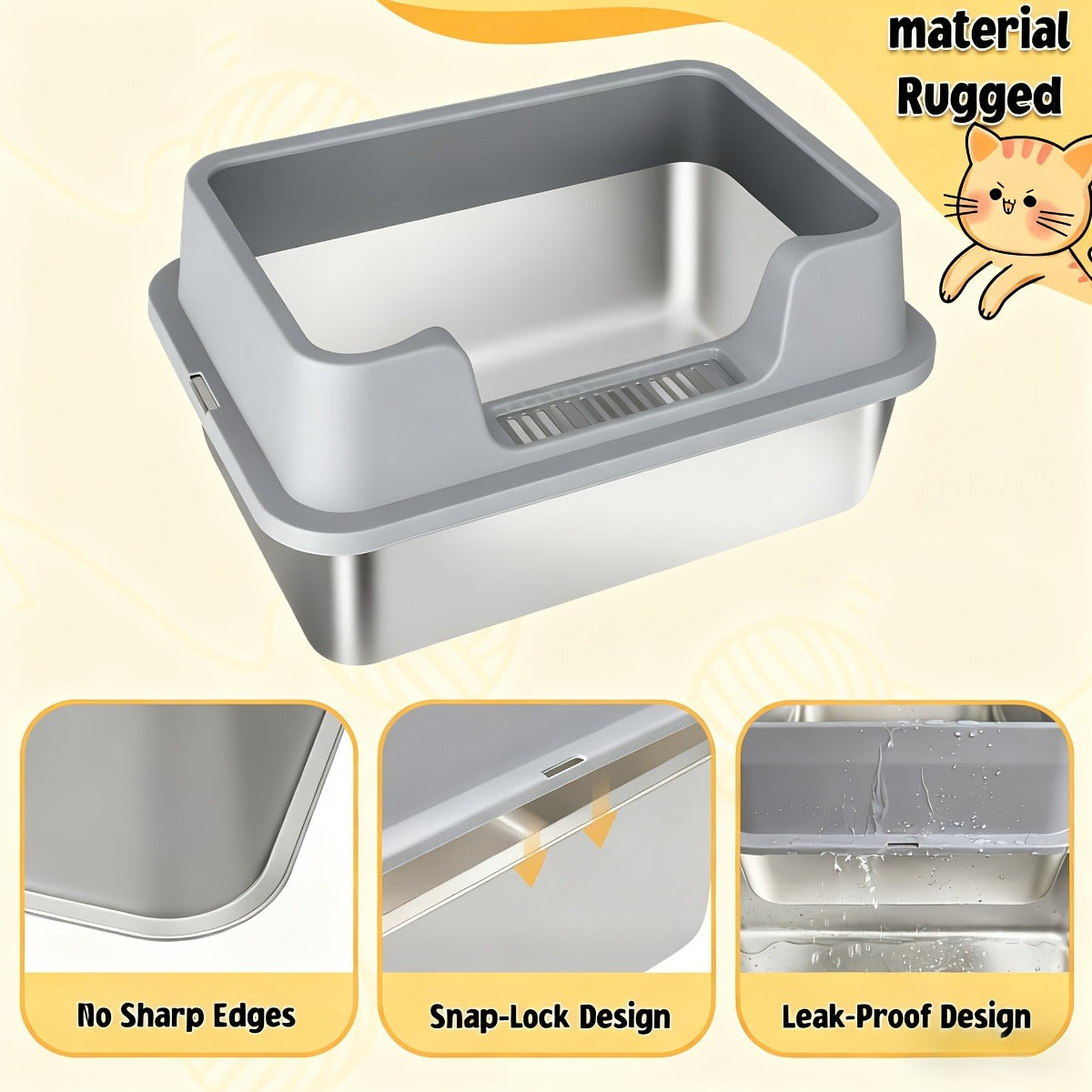 Stainless Steel Cat Litter Box with Scoop – High-Wall Semi-Enclosed Design, Non-Stick Easy Clean Surface, Anti-Leakage Odor Control, 2 Sizes for Kittens - product image 3
