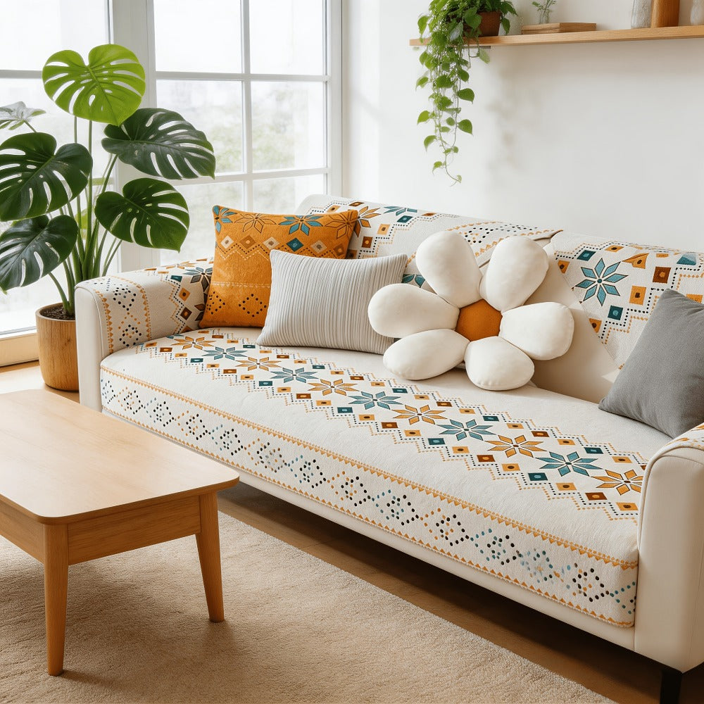 Chenille Sofa Cover Bohemian Style 1pc - Ethnic Pattern Anti-Slip Cat Scratch Resistant Skin-Friendly Couch Slipcover | 2 3 4 Seat Sizes White Green | Living Room Bedroom Office So - product image 3