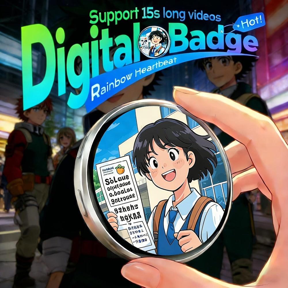 Electronic Anime Badge with Display Screen – Dynamic Touch, High Frame Rate, 600mAh Battery, Bluetooth 6.0 & USB Magnetic Charging – Black White Purple – Digital Brooch for Cosplay, Concerts & Anime Fans