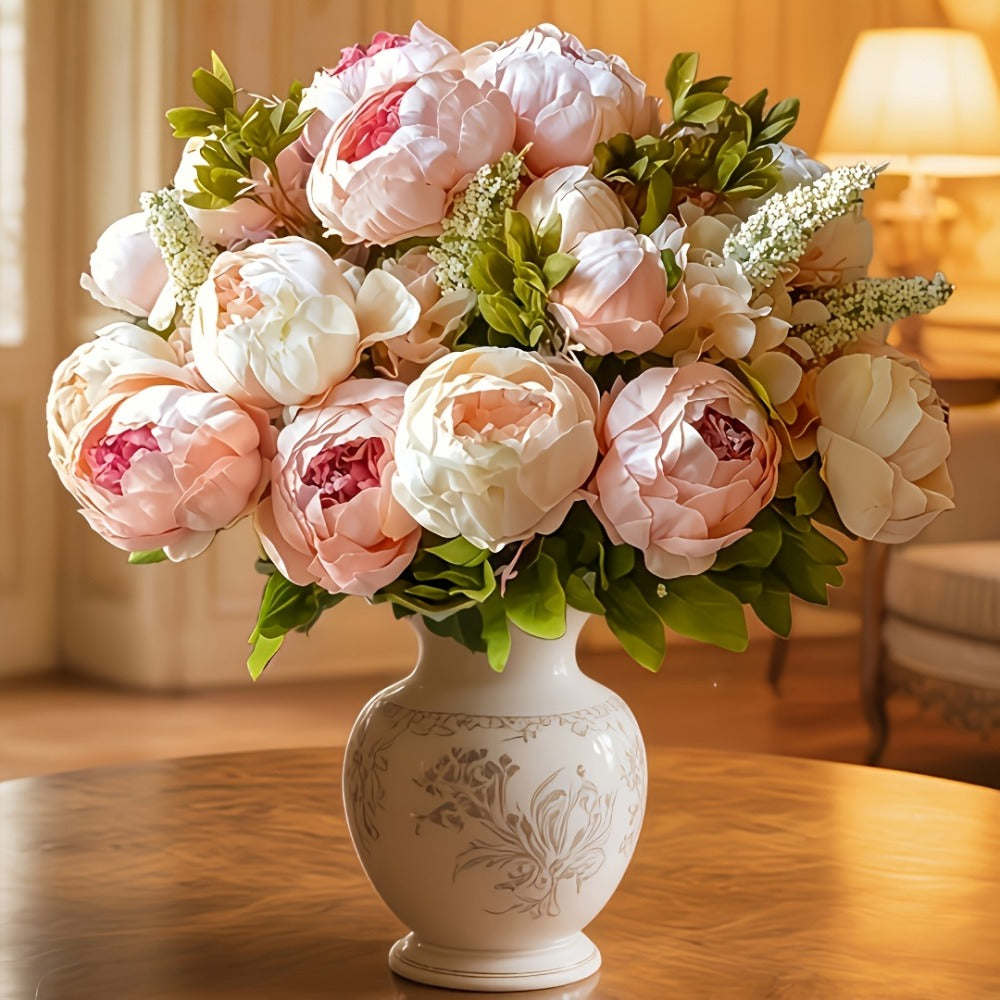 Faux Peonies Hydrangeas Artificial Flowers Vintage Silk Bouquet - Pink Green Mix Floral Centerpiece for Bridal Wedding Home Table Decor Rustic Farmhouse Arrangement - product image
