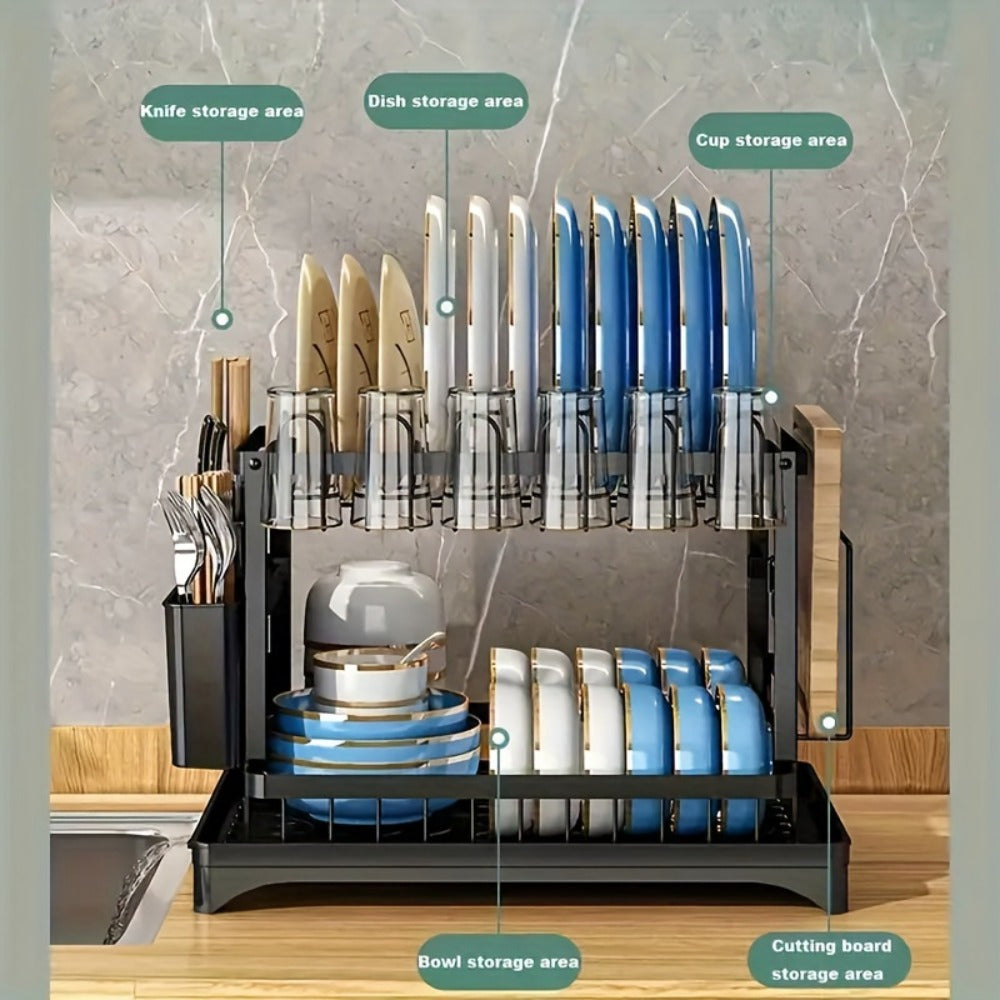 Dish Drying Rack 2 Tier with Drainboard for Kitchen Counter Metal Dish Drainer with Utensil Holder Cups Organizer Space Saving Kitchen Drying Rack Black White - product image 9