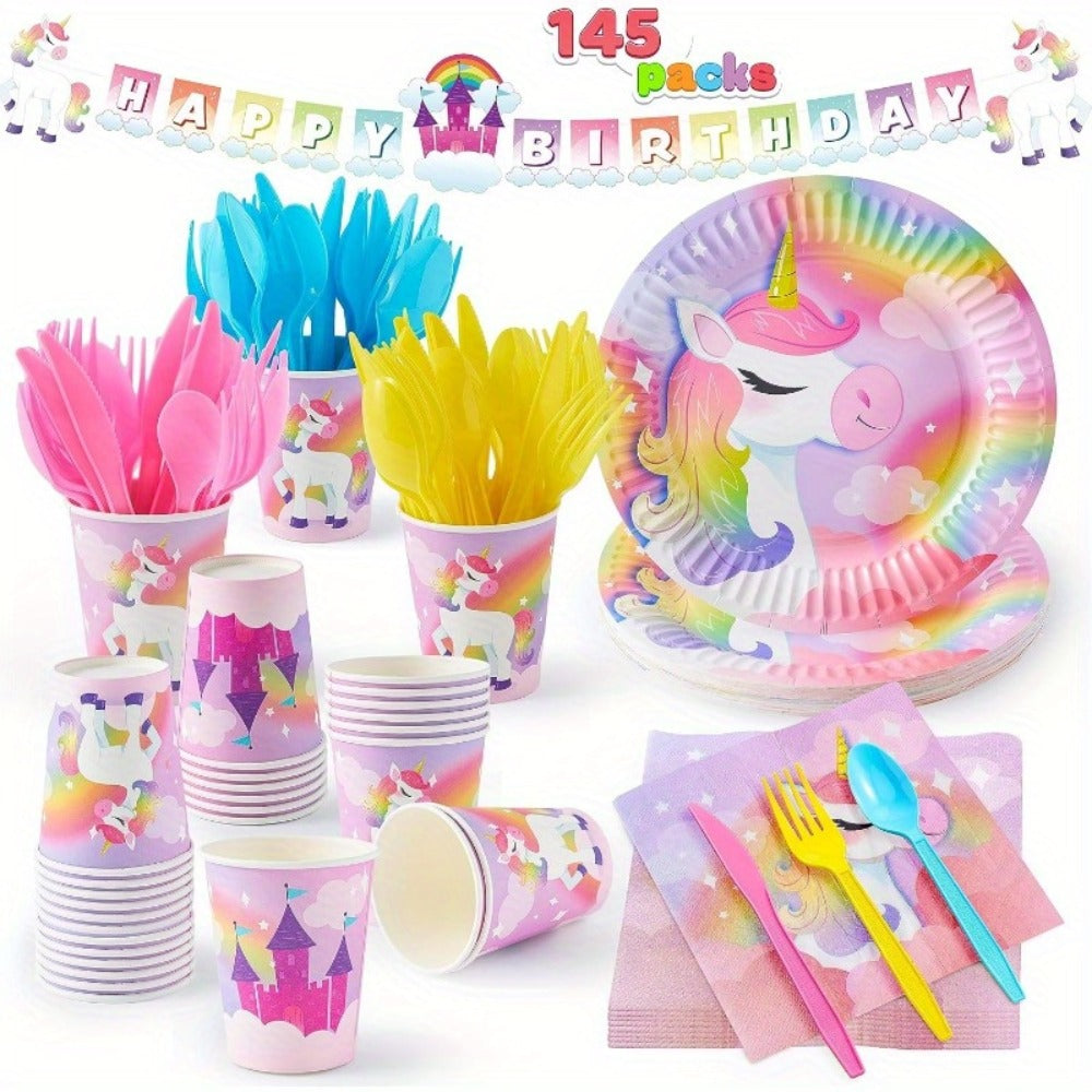 Disposable Tableware Set with Plates Cups Napkins Cutlery & Happy Birthday Banner for Unicorn Theme Birthday Party Decorations & Celebrations – Unicorn Party Supplies 145 Pcs for 24 Guests