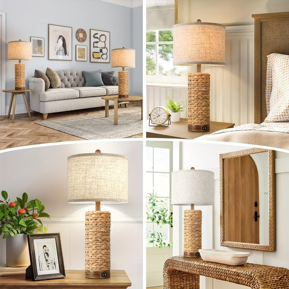 Rattan Table Lamp Set of 2 with USB Ports - 27 Inch Tall Woven Seagrass Bedside Nightstand Lamps for Living Room Bedroom End Table, Coastal Farmhouse Rustic Decor, E26 Socket Rotar - product image 4