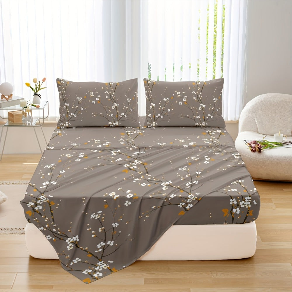 Fitted Sheet Set 4-Piece Plum Blossom Floral Print | Deep Pocket 15" Bed Sheets Twin Full Queen King | Soft Polyester Bedding Set with 2 Pillowcases, All-Season Machine Washable - product image 8