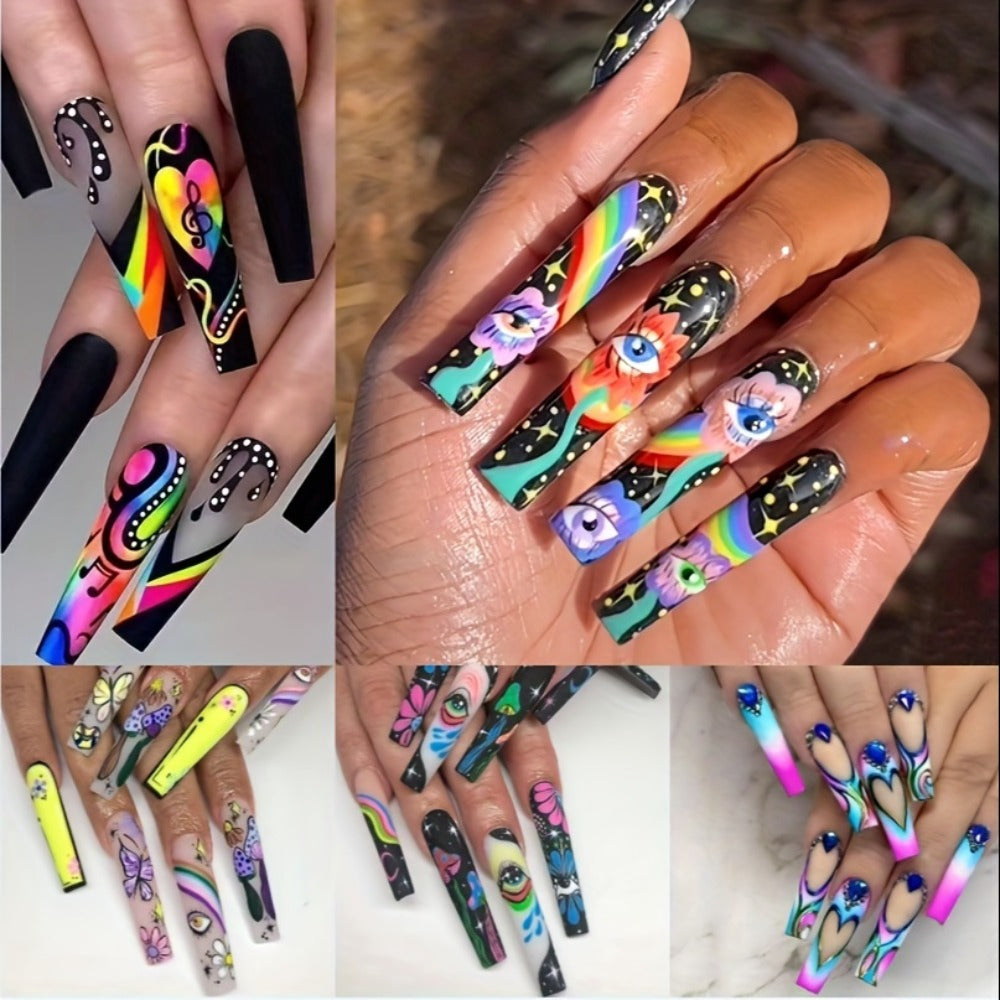 Press On Nails Set 120pcs 5 Boxes Extra Long Cosmic Eyes Crystal Rhinestones Matte Colorful Stripes Floral Glue-On Wearable Nail Art Variety Pack Festive Gift for Women Teens Party - product image 6