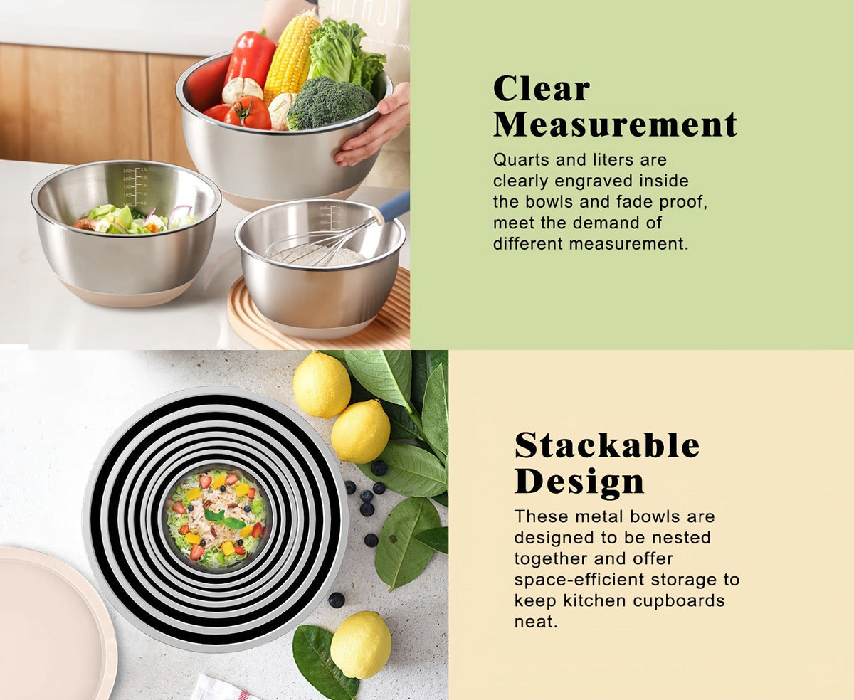 Stainless Steel Mixing Bowls Set with Airtight Lids 7 Piece | Dishwasher Safe Kitchen Bowls for Cooking Baking Camping Travel | Stackable Nesting Bowls with Measuring Spoons Whisk Spatula Tongs Basting Brush