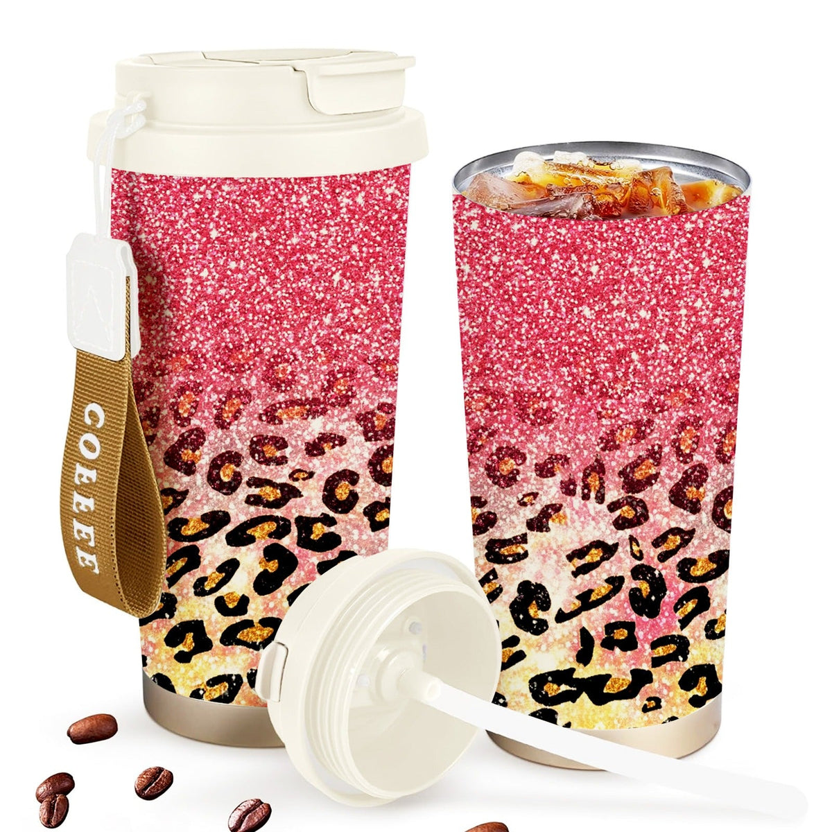 Pink Glitter & Golden Leopard Print, Leak-Proof Collapsible Straw Lid, Keep Hot 12H Cold 24H, Trendy Travel Coffee Cup Gift for Women | Insulated Stainless Steel Tumbler 18oz