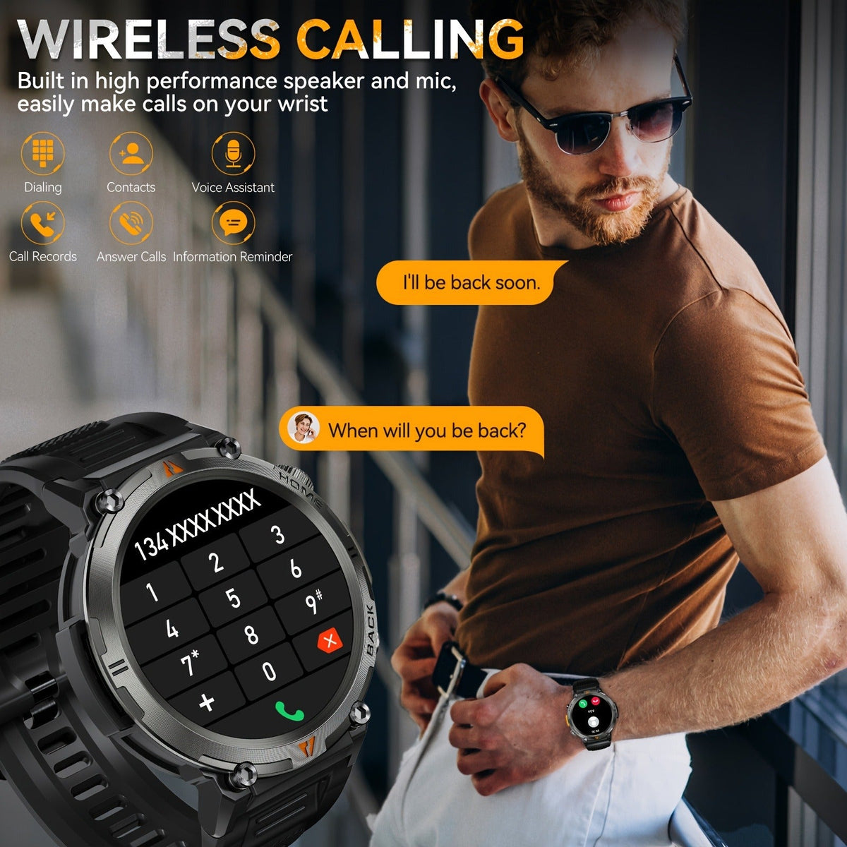 Wireless Calling, HD 1.45" Screen, LED Light, Fitness Tracker, iPhone & Android | EIGIIS KE3 Rugged Smartwatch for Men - product image 14
