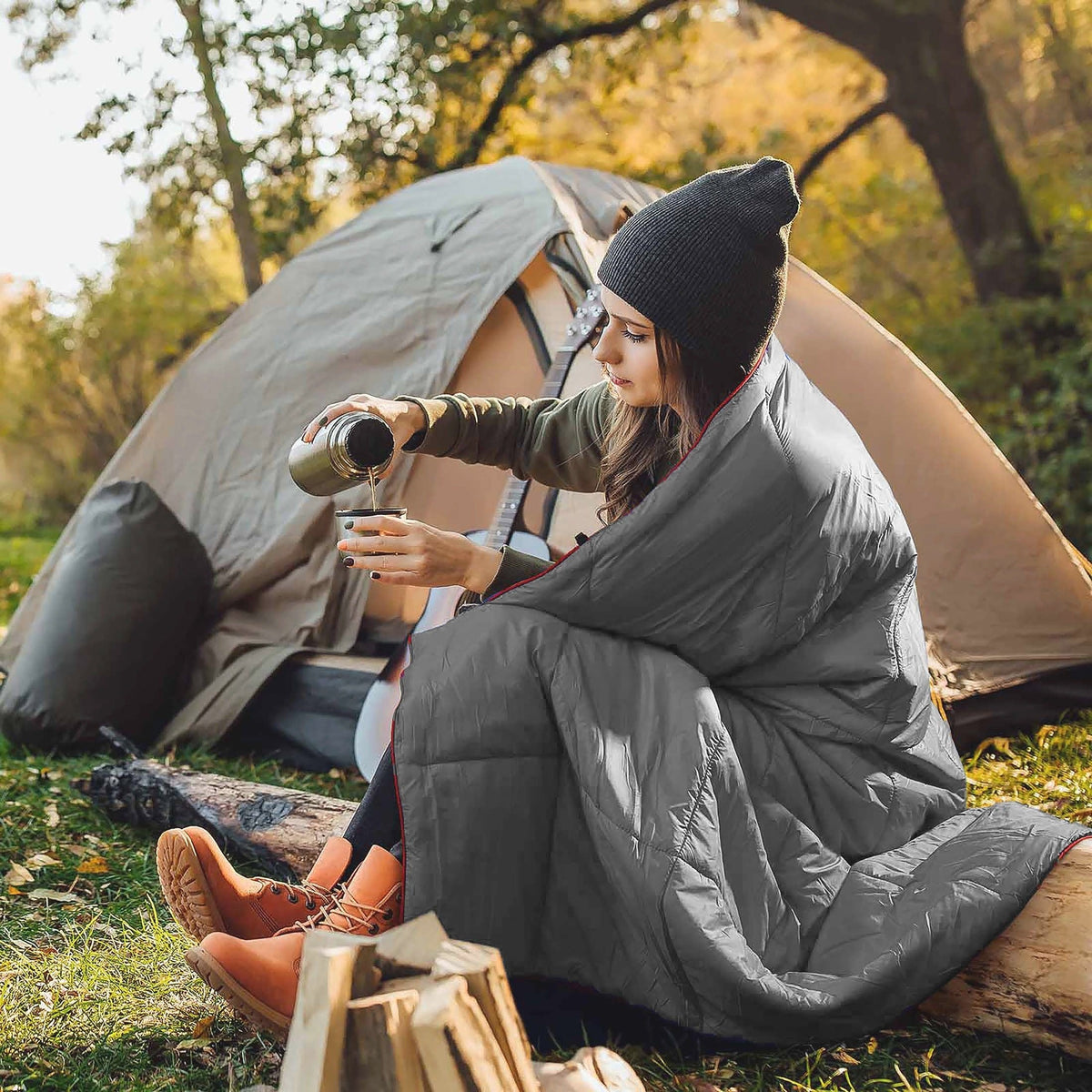Puffy Camping Blanket Foldable Lightweight Water Resistant with 3D Eye Mask – DWR Coated Outdoor Blanket for Camping, Hiking, Travel, Beach, Stadium & Car, Warm Packable Throw in 4 Colors, 55" x 78"