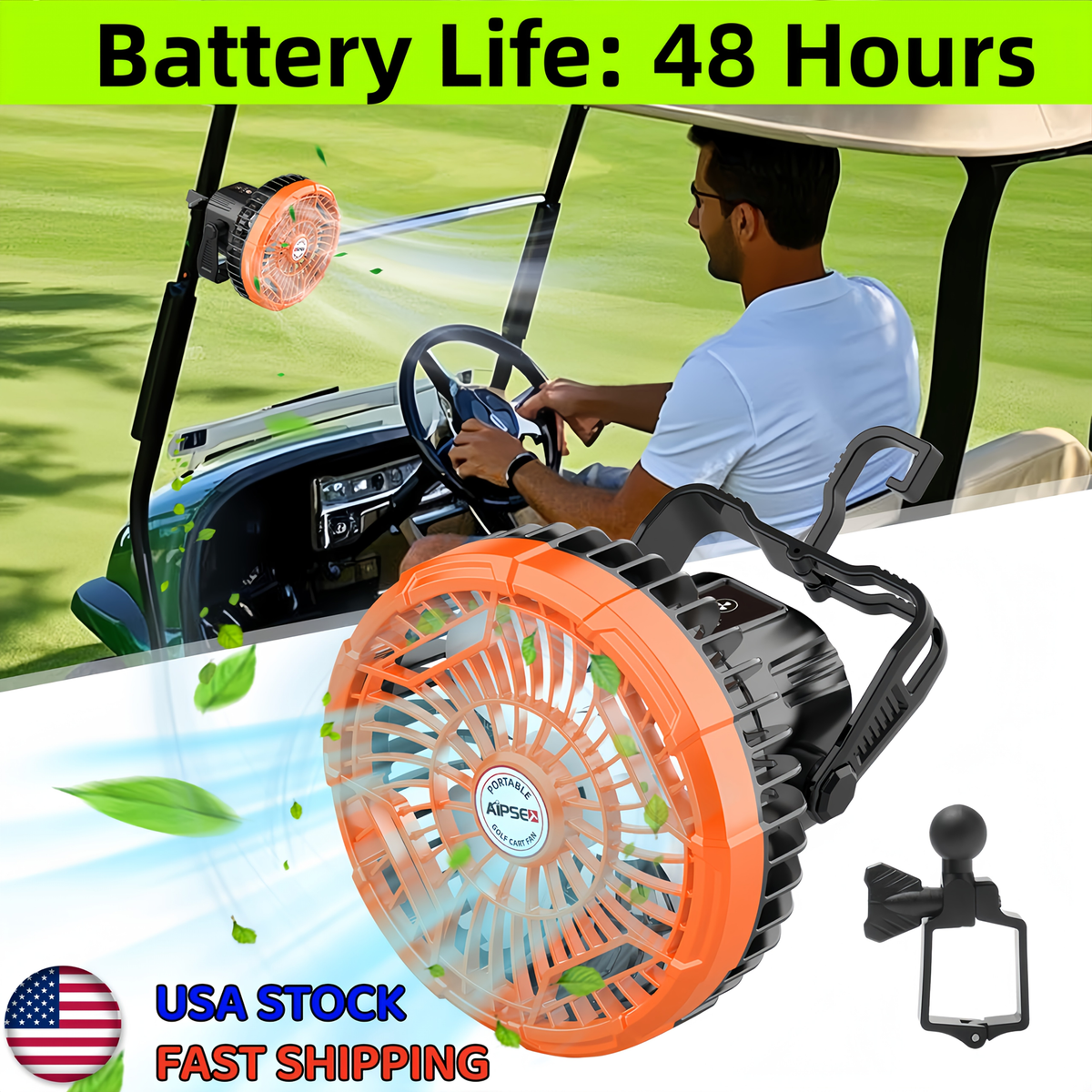 10400mAh Rechargeable, 48H Runtime, 360° Adjustable Head, 3-Speed Remote Control, USB & Type-C, Fits All Square Tube Frames, for Golf, Camping & Fishing | Portable Battery Golf Cart Fan with LED Lantern