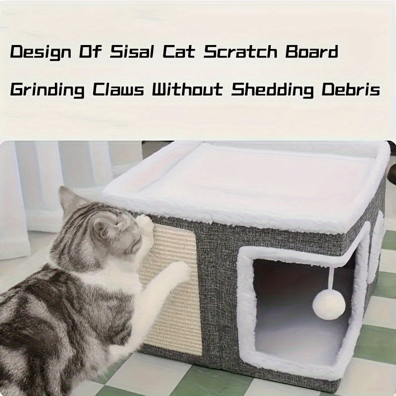 Cat House Collapsible Multi-Layer 2-Tier Bed Toy Tunnel Scratching Post Plush Hanging Ball Canvas Nylon Frame All-Season Indoor Cat Cube Enclosure Gray Classic - product image 6