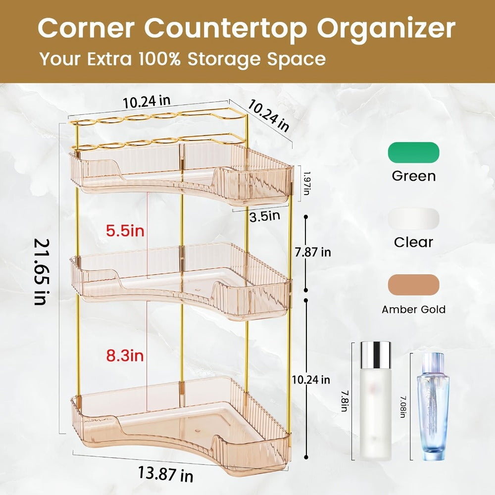 Bathroom Corner Shelf Organizer 2-in-1 Tiered Makeup Skincare Storage with Brush Holder No-Tool Install Space-Saving Countertop Vanity Dresser Kitchen Organizer Women - product image 3