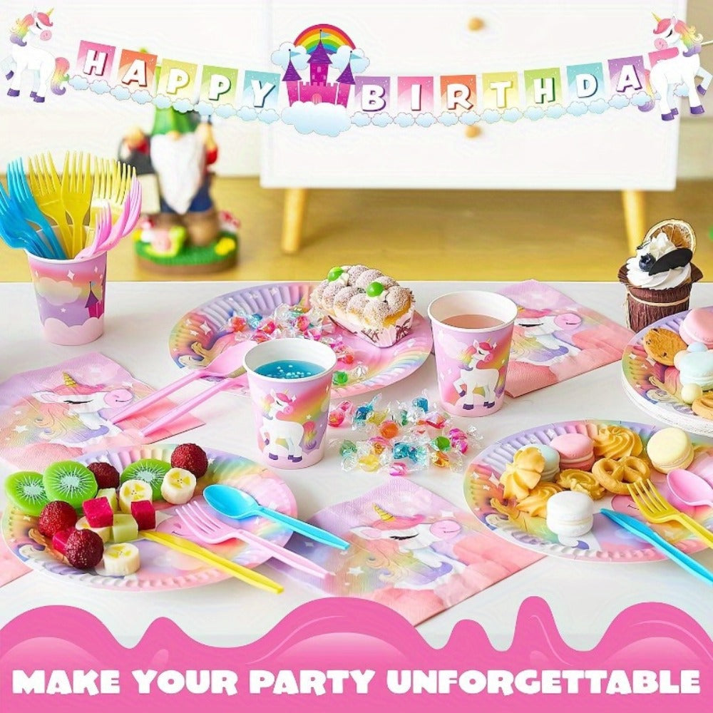 Disposable Tableware Set with Plates Cups Napkins Cutlery & Happy Birthday Banner for Unicorn Theme Birthday Party Decorations & Celebrations – Unicorn Party Supplies 145 Pcs for 24 Guests