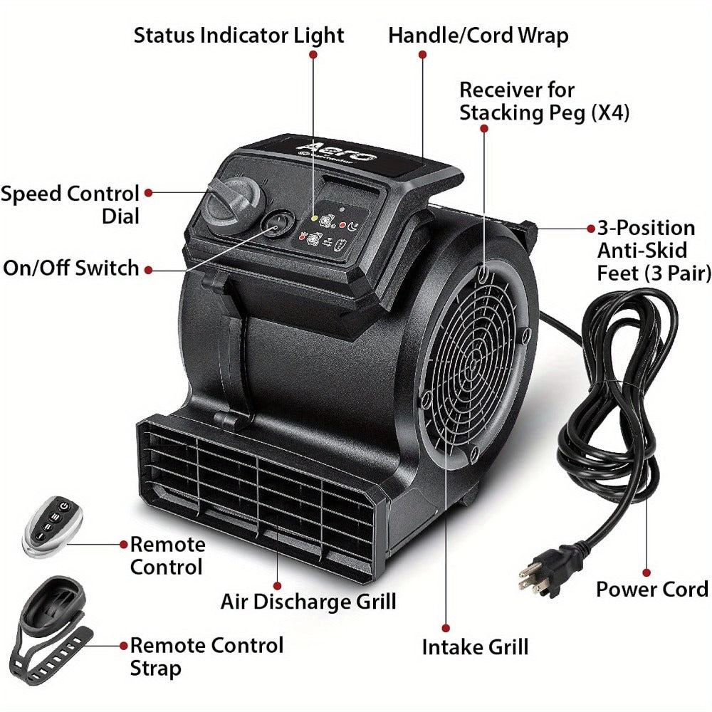 Air Mover Floor Dryer 550 CFM Portable Carpet Blower Fan for Water Damage Restoration Drying Cooling Floors Carpets Walls Remote Control and Manual Options - product image 4