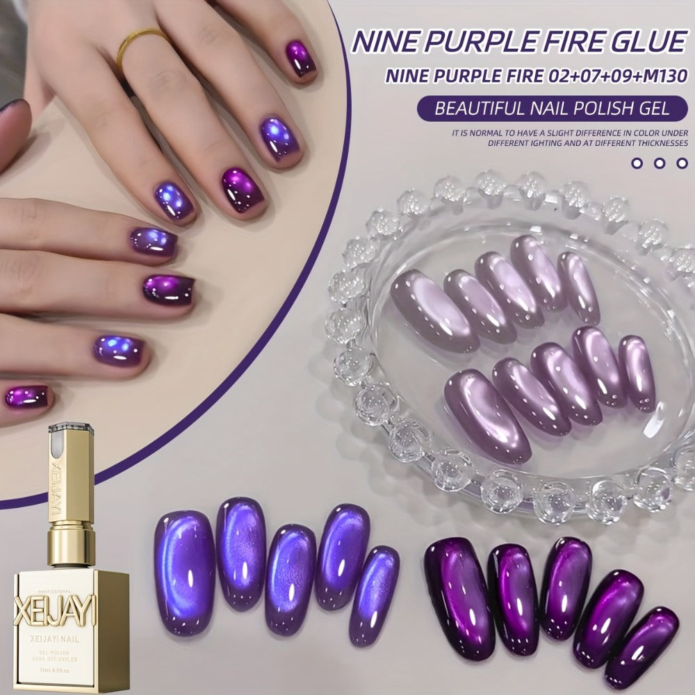 Cat Eye Gel Nail Polish Set 4pcs Purple Iridescent Glass Bead — Nine Purple Fire Aurora Shimmer UV LED Soak-Off Gel Polish for Women, Salon & Home DIY Nail Art Manicure Kit - product image 7