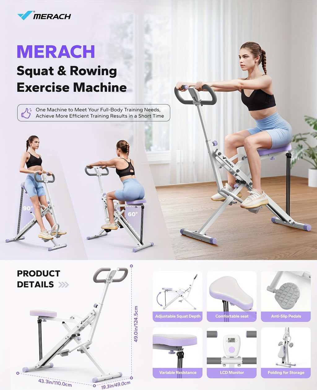 Collapsible Glute Trainer with LCD Display, 3 Resistance Bands, 350 lbs Capacity, Home Gym Leg & Back Workout – Rowing Machine 2-in-1 Squat & Row - product image 17