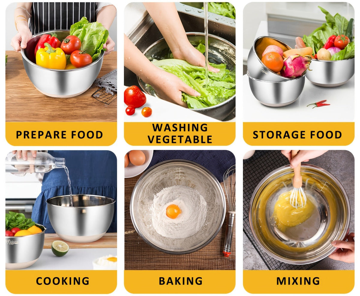 Stainless Steel Mixing Bowls Set with Airtight Lids 7 Piece | Dishwasher Safe Kitchen Bowls for Cooking Baking Camping Travel | Stackable Nesting Bowls with Measuring Spoons Whisk Spatula Tongs Basting Brush