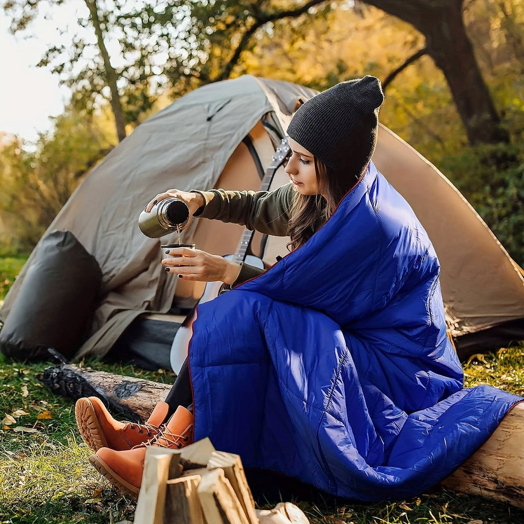 Puffy Camping Blanket Foldable Lightweight Water Resistant with 3D Eye Mask – DWR Coated Outdoor Blanket for Camping, Hiking, Travel, Beach, Stadium & Car, Warm Packable Throw in 4 Colors, 55" x 78"