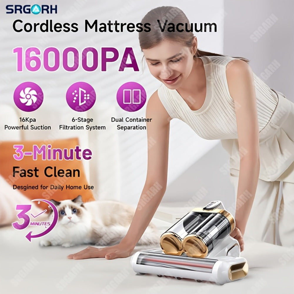 Mattress Vacuum Cleaner Handheld Bed Cleaner – 16KPa Strong Suction with UVC Light & Hot Air Heating, Deep Clean for Pillows, Sofa, Crib & Pet Hair, Double Cup Design, White or Pur - product image