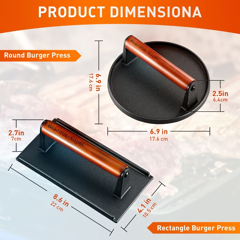 Cast Iron Burger Press Kit 2pcs - Round & Rectangular Heavy Duty Meat Press with Wooden Handle for Smash Burgers, Sandwiches, BBQ, Camping - product image 3