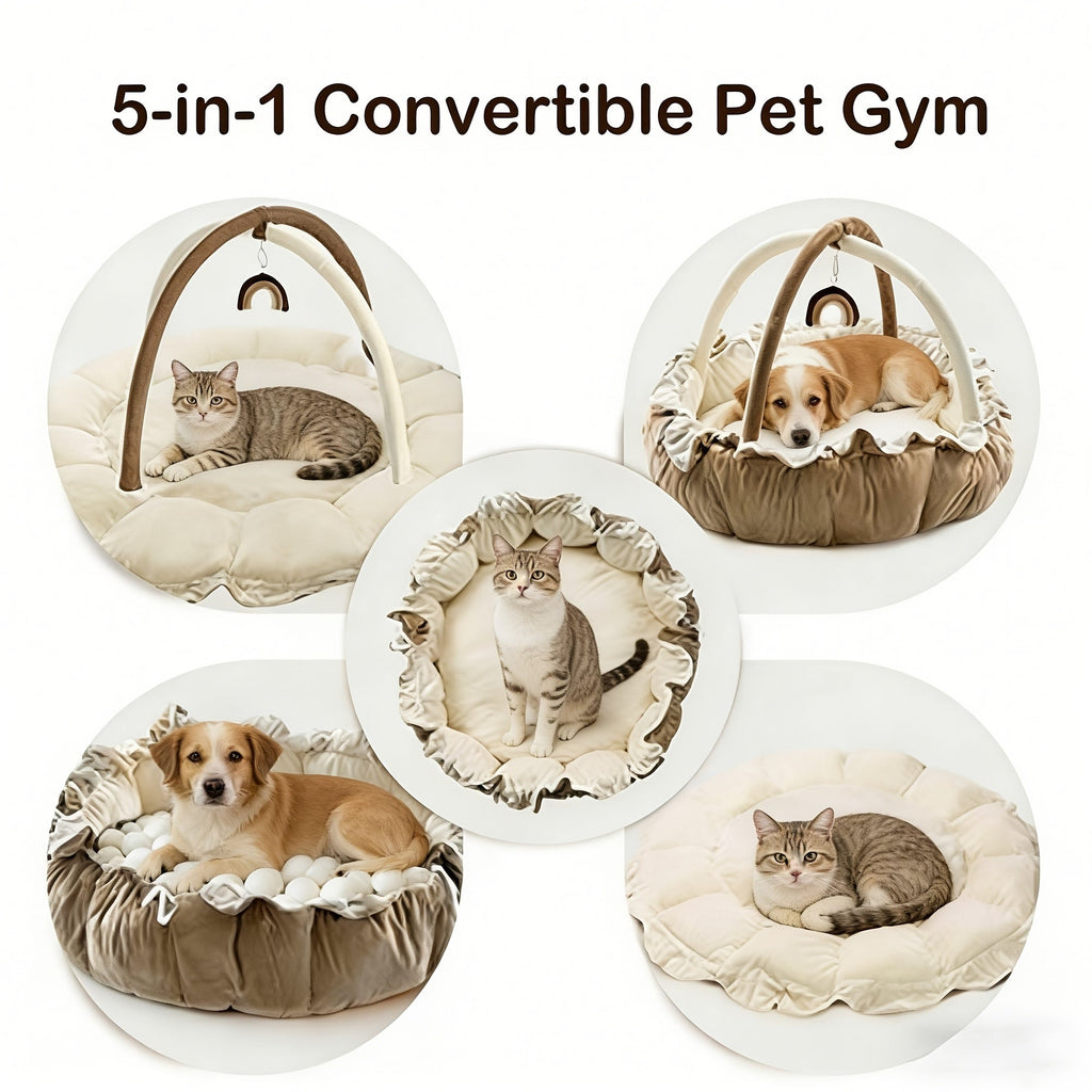 Thick Plush Convertible Ball Pit Tummy Time Mat Floor Cushion for Cats Dogs, Collapsible Pet Activity Gym Pad, Multiple Colors Available | 5-in-1 Pet Play Mat & Bed with 6 Toys