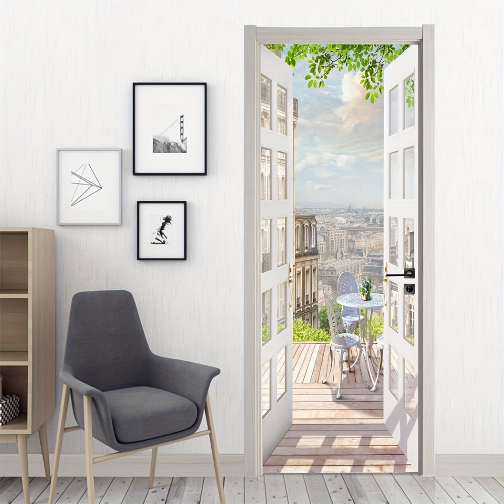 Door Sticker Balcony Scenery Wall Mural – Removable Waterproof Peel & Stick Large Wall Art for Bedroom & Living Room, Faux Window View Home Decor, 35.43 x 78.74 Inches - product image
