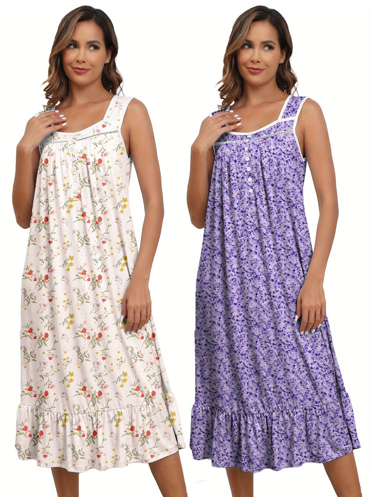 2pcs Nightgowns for Women - Long Flowy Victorian Sleeveless Sleepshirt, Elegant Printed Sleepwear Set (S-XXL)
