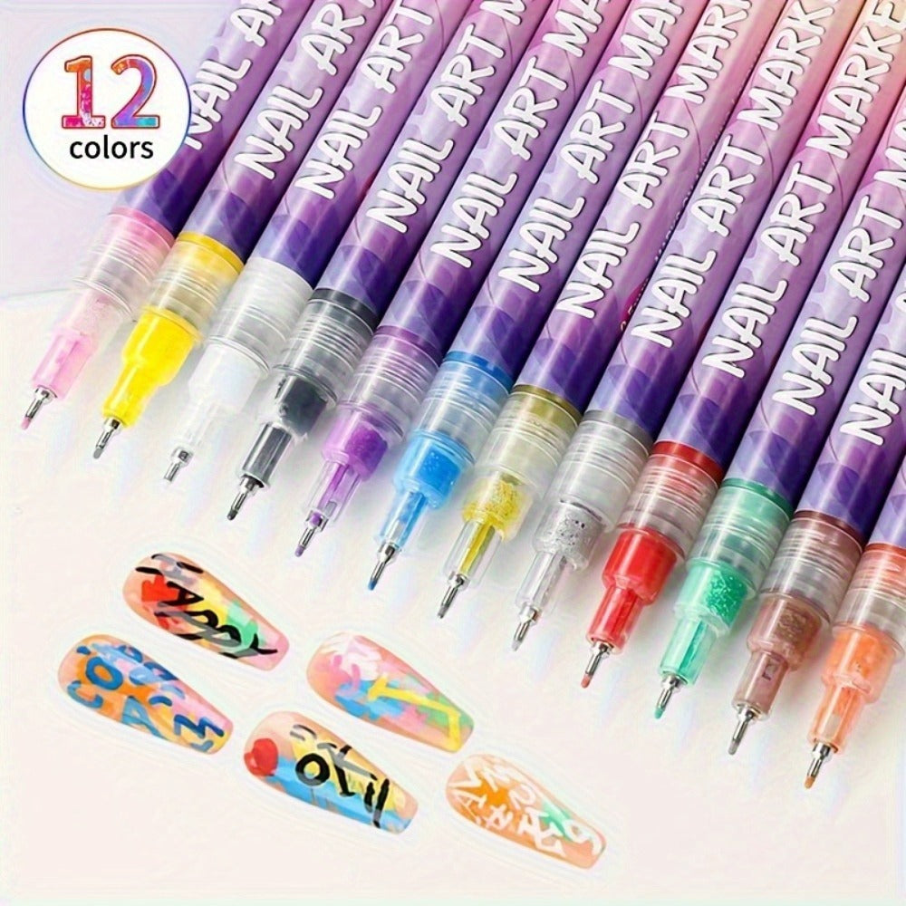 Nail Art Pens 12 Colors Quick Dry 3D Graffiti & Detail Brush Set – Ultra-Fine Precision Drawing Pen Kit for DIY Nail Design, Salon & Home Use, Vibrant Long Lasting Ink - product image