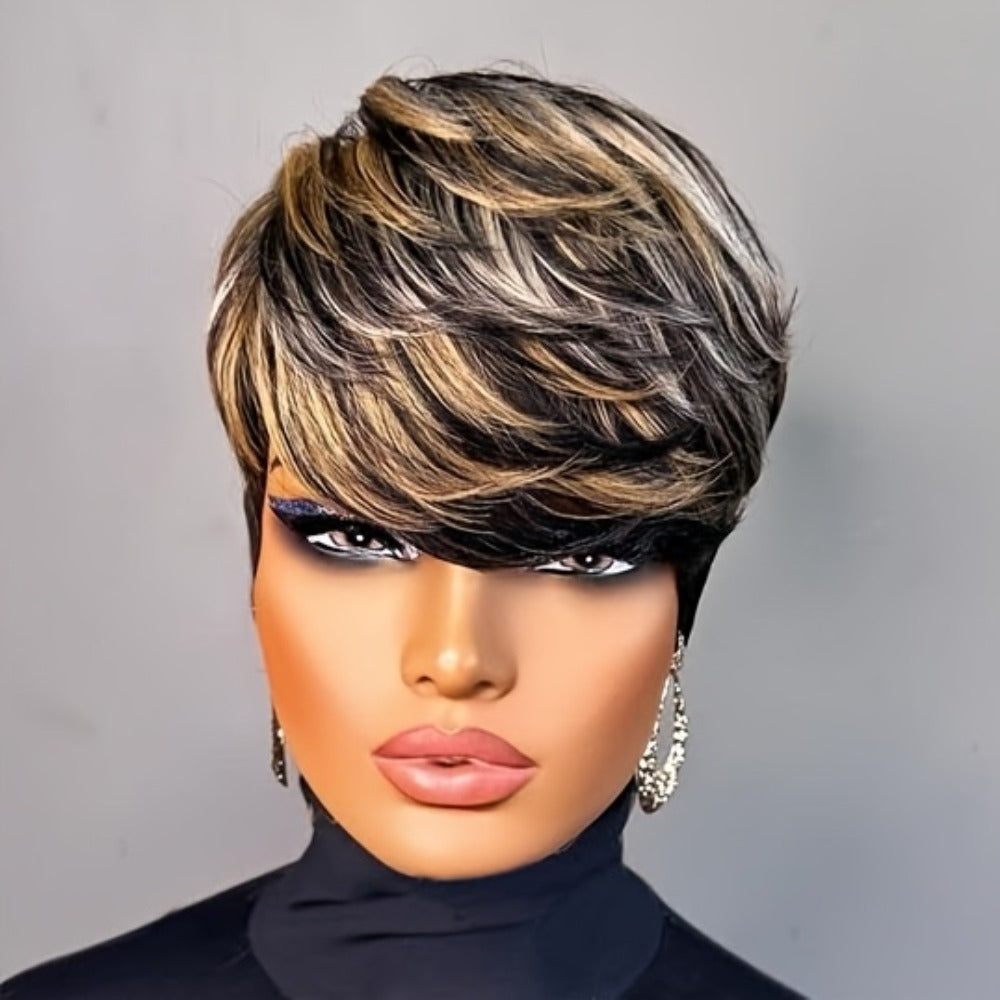 Short Pixie Cut Wig with Bangs Black Blonde Layered 4 Inch Rose Net Cap | Brown Blonde Mix Synthetic Wig for Black Women Daily Wear Office Party - product image 11