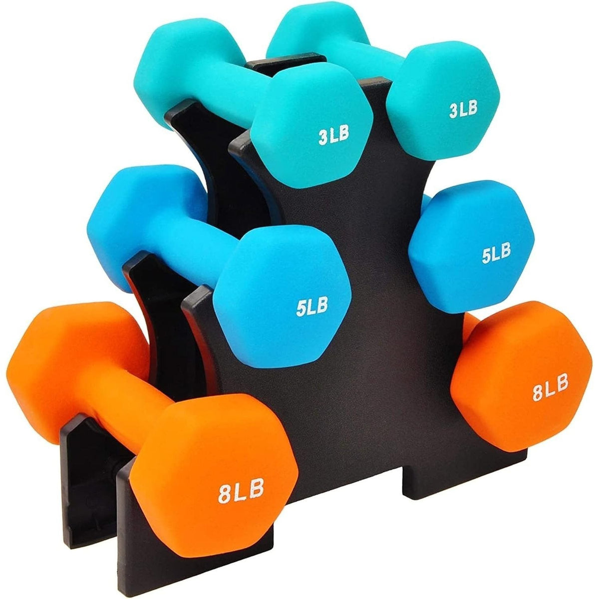 Neoprene Dumbbell Set with Stand | Color-Coded Non-Slip Grip | Hex Hand Weights for Home Gym Strength Training, Workout & Fitness | 20LB Set or 32LB 3-Pair Set - product image