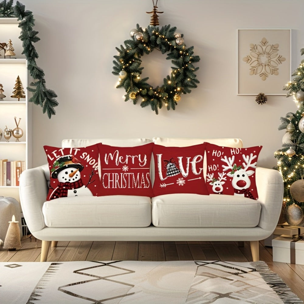 Christmas Throw Pillow Covers 4pcs Set 18x18 | Reindeer Snowman Buffalo Plaid Cushion Covers, Winter Holiday Farmhouse Home Decor, Sofa Couch Porch Patio, No Insert - product image 5