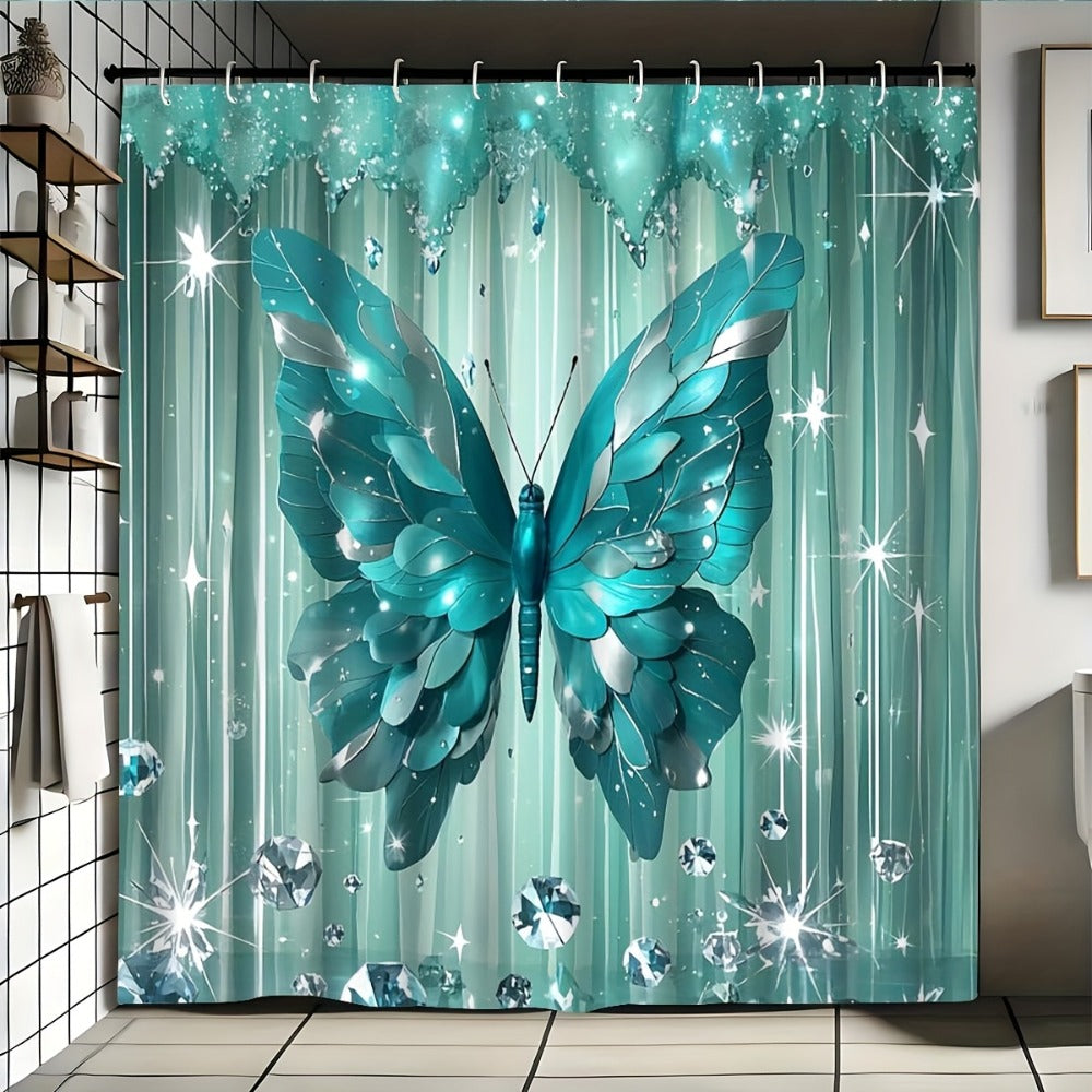 Shower Curtain Set Diamond Butterfly Print 70.8x70.8 Inch - 4 Piece Bathroom Set with U-Shape Toilet Seat Cover Non-Slip Rug 12 Hooks Machine Washable | Cyan Purple Pink | All Seas - product image 3