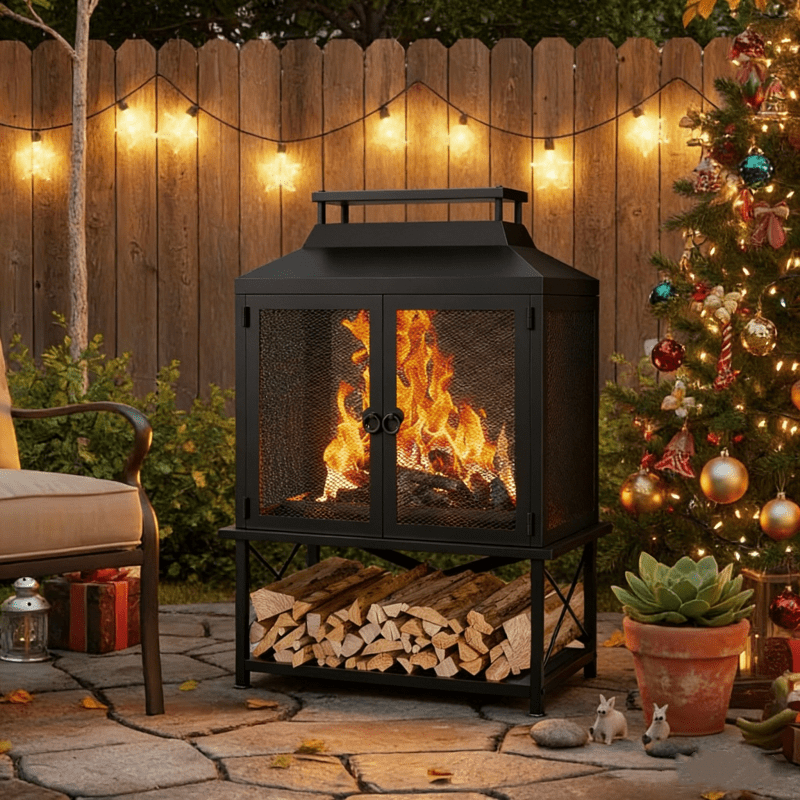 Outdoor Fireplace 39 Inch Rectangular Wood Burning Fire Pit with Grill, Spark Screen & Poker, Large Metal Patio Fireplace with Wood Storage for Garden Deck Backyard, Black - product image 5
