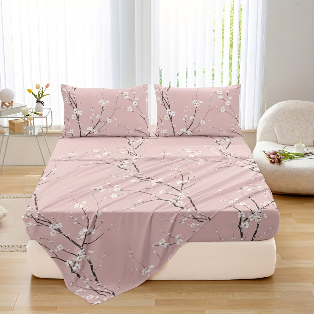Fitted Sheet Set 4-Piece Plum Blossom Floral Print | Deep Pocket 15" Bed Sheets Twin Full Queen King | Soft Polyester Bedding Set with 2 Pillowcases, All-Season Machine Washable - product image 4