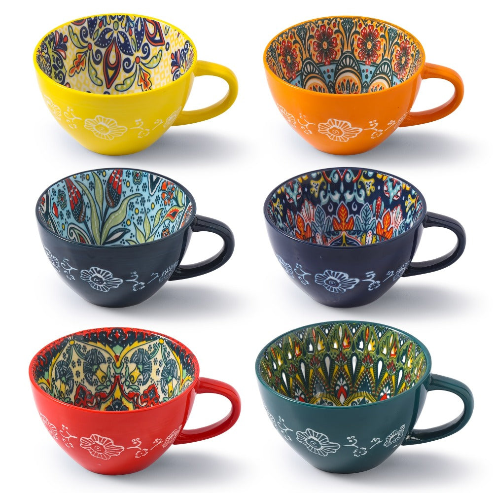 Bohemian Ceramic Coffee Mugs Set of 6 – 15 Oz Large Capacity Breakfast Mug – Microwave Safe for Hot & Cold Drinks – Unique Boho Drinkware Gift for Halloween, Thanksgiving & Christm - product image