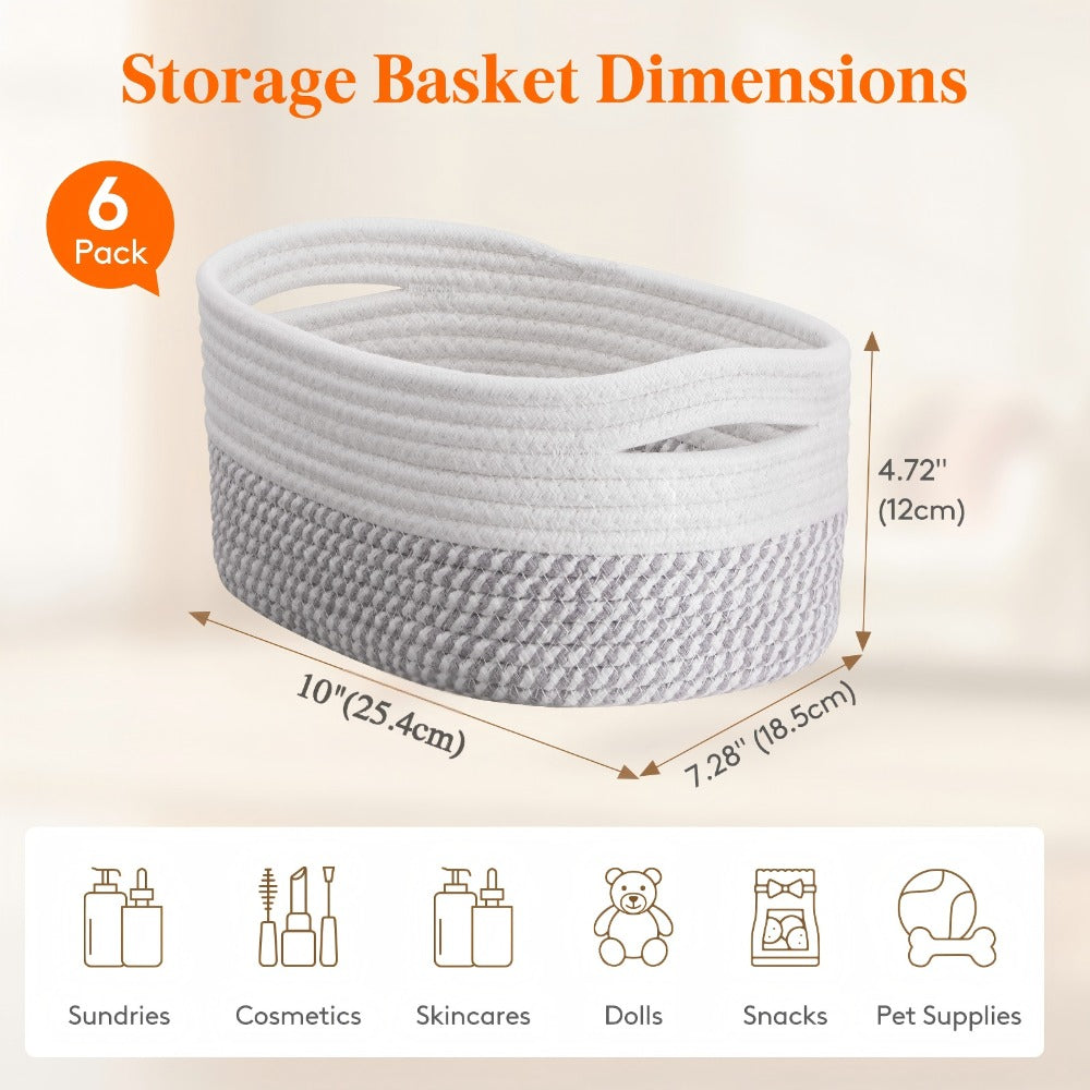Woven Storage Baskets 6-Pack Cotton Rope Cube Bins 11x7x5" | Handmade Small Shelf Baskets for Organizing Closet Bedroom Living Room Playroom | Round Decorative Storage Caddy Multip - product image 14