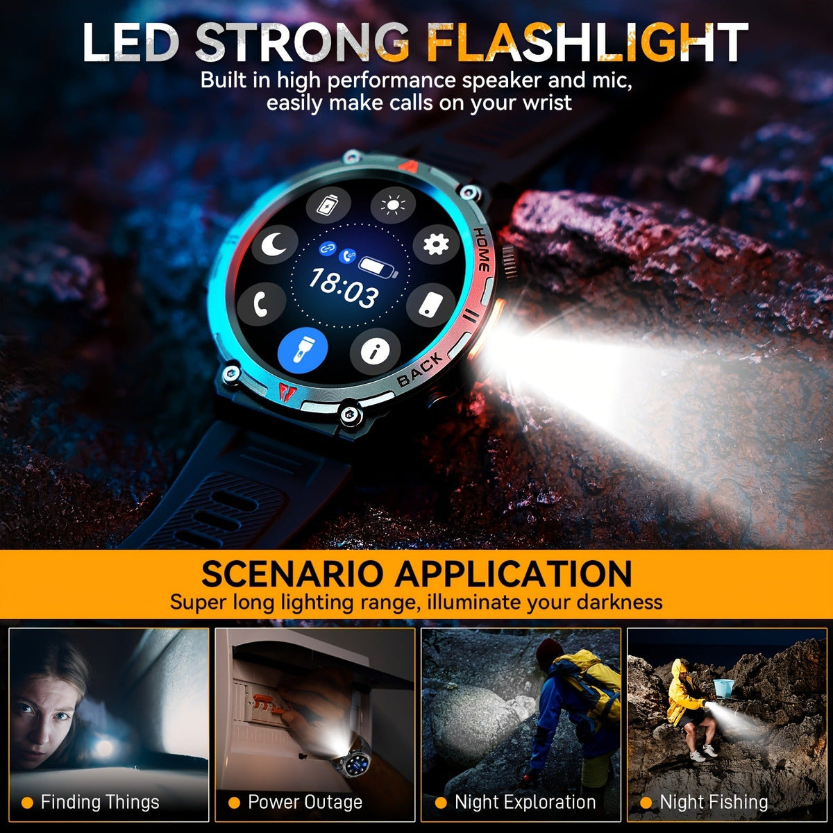 Wireless Calling, HD 1.45" Screen, LED Light, Fitness Tracker, iPhone & Android | EIGIIS KE3 Rugged Smartwatch for Men - product image 16