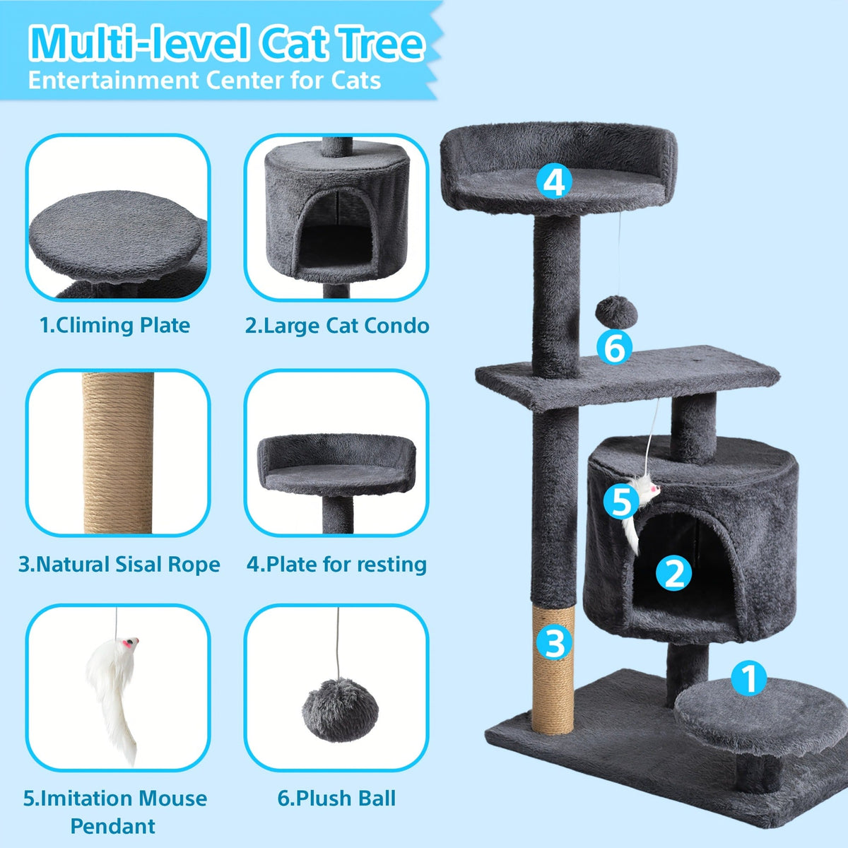 Cat Tree Tower Multi-Level with Cat Bed, Condo & Sisal Scratching Post – 3 or 4 Tier Indoor Cat Tree for Large Cats, Kitten & Senior Cats, Sleek Cat Furniture - product image 8