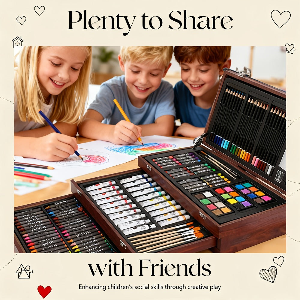 172 Piece Deluxe Art Set in Wooden Case with 2 Drawing Pads Crayons Acrylic Paints Colored Pencils Professional Art Kit Gift Box for Artists Beginners Ages 8+ Birthday Christmas for Festive Home Decor
