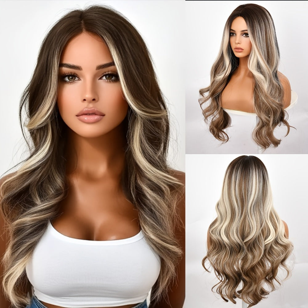 Rose Net Cap Wig Water Wave 30 Inch Long Curly Synthetic Brown Highlights Middle Part Beginner Friendly Glueless Natural Look Daily Wear Women - product image 3