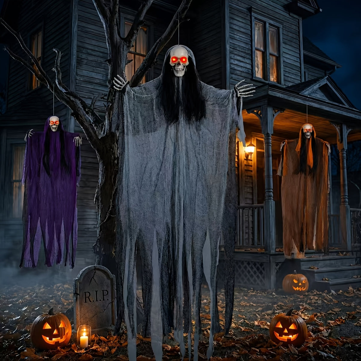 Halloween Decorations: 3pcs Hanging Skeleton & Set (Sound-Activated Light-Up Eyes) Indoor/Outdoor Yard & Lawn Spooky, Colorful Fabric "Grim Reaper" - product image 4