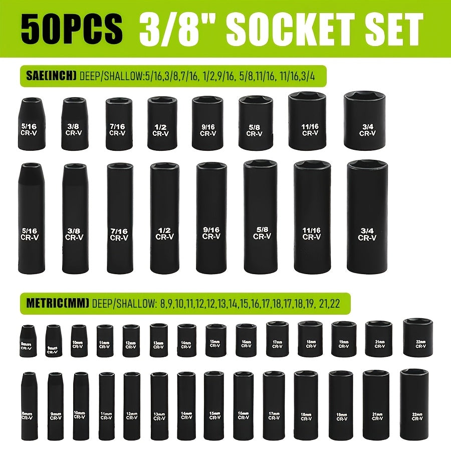 34pcs Impact Socket Set with 1/2" Drive Or 53pcs Tool Set Or 50pcs Impact Socket Set with 3/8" Drive, SAE (5/16" to 3/4") and Metric (8 to 22mm) Sizes, 6-point - product image 12